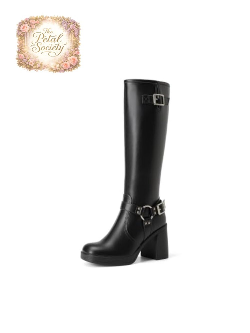 Platform Chunky Knee High Boots Faux Leather Square Toe Moto Style